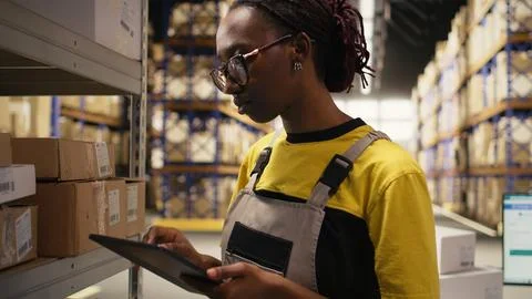 African american worker processing merchandise for business logistics system 스톡 사진