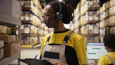African american worker processing merchandise for business logistics system Stock Photos