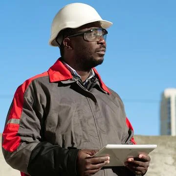 African american worker with tablet computer stands at construction site Stock Photos