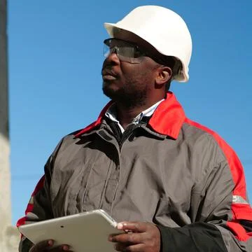 African american worker with tablet computer stands at construction site Fotos de archivo