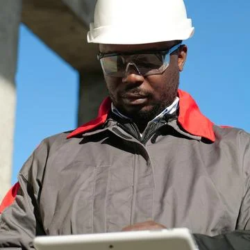 African american worker with tablet computer stands at construction site Stock Photos