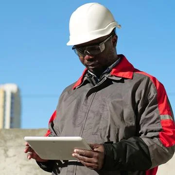 African american worker with tablet computer stands at construction site Stock Photos