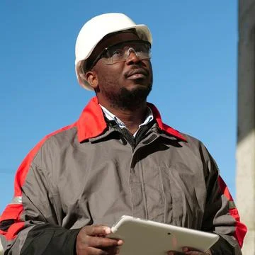 African american worker with tablet computer stands at construction site 스톡 사진