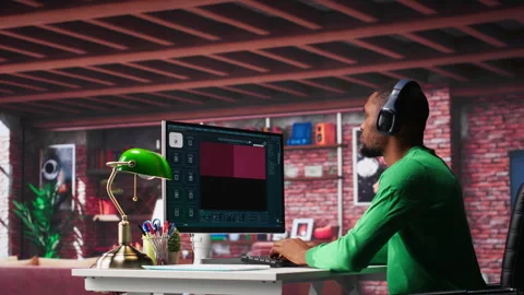 African American worker using generative AI program with photos Video stock 307726210