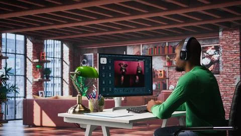 African American worker using generative AI program with photos 스톡 사진
