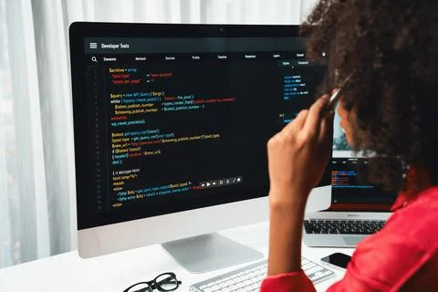 African American's developer. Coding Software project on screen. Tastemaker. 写真素材