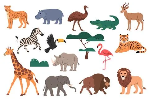 African animals collection, flat vector illustration. Cheetah, hippo, ostrich Illustrazione stock
