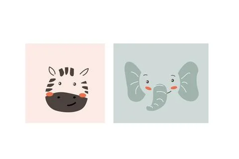 African animals faces set. Cute doodle animals portraits Stock Illustration