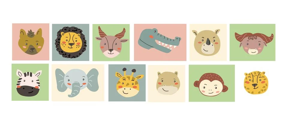African animals faces set. Cute doodle animals portraits Stock Illustration