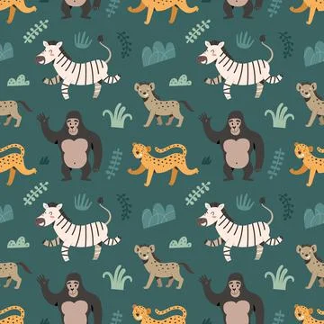 African animals pattern, zebra and jaguar illustrations, cartoon exotic animals Stock Illustration