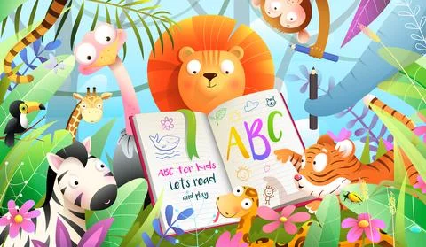 African Animals Reading Book Learning in Jungle Stock Illustration