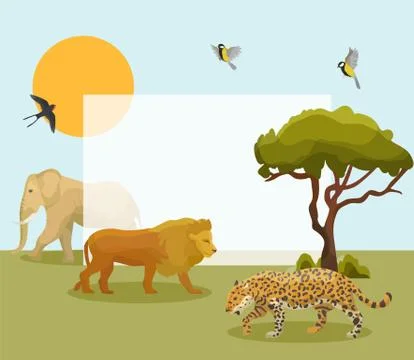 African animals vector frame illustration. Elephant, lion and gepard with baobab Stock-Illustration