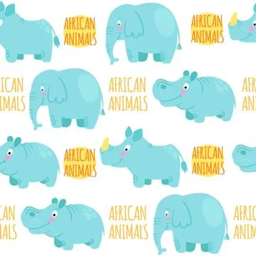 African animals vector seamless pattern: elephant, rhino, hippo. Stock Illustration