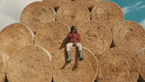 African black farmer sitting on the haystack and having a phone call Stock Footage 139581000