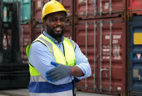 African black worker looking at camera and cross his arms with container. Stock Photos