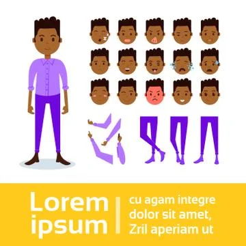 African boy character constructor set of various male emotion faces, hands, legs Stock Illustration