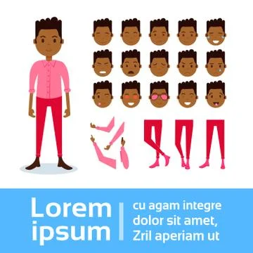 African boy character constructor set of various male emotion faces, hands, legs Stock Illustration
