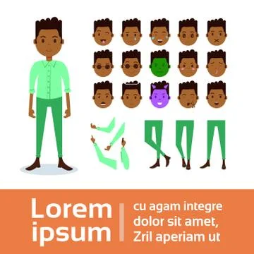 African boy character constructor set of various male emotion faces, hands, legs Stock Illustration