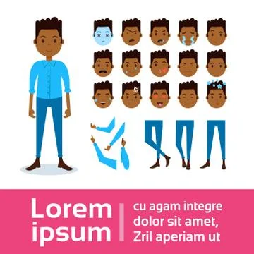 African boy character constructor set of various male emotion faces, hands, legs Stock Illustration