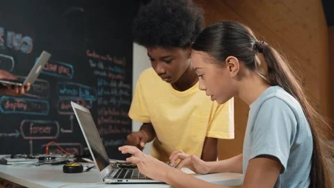 African boy point at laptop screen while cute girl type laptop. Edification Stock Footage 267172232