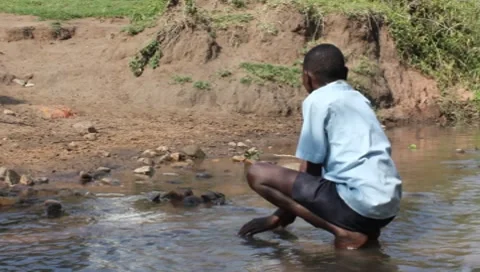 African Boy in School Clothes Drinks from Polluted Stream (HD) Stock Footage 7139032