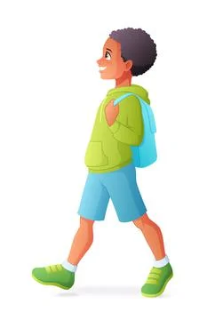 African boy walking with backpack. Isolated vector illustration. Stock Illustration