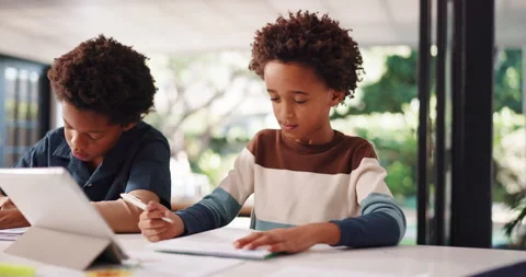African boys, learning and tablet at house for elearning, tutorial video and 動画素材 314149371