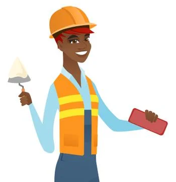 African bricklayer working with spatula and brick. Stock Illustration