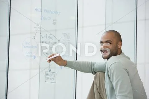 African businessman writing on clear dry erase board Stock Photos