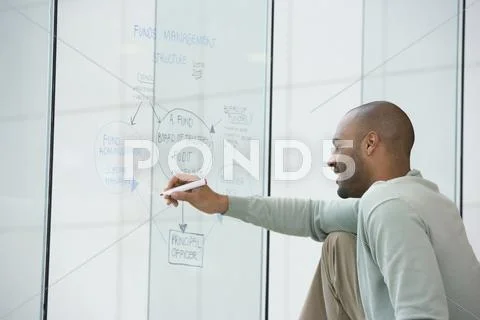 African businessman writing on clear dry erase board Stock Photos
