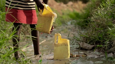 African Children fetching dirty drinking water using bottles to fill sour water Stock Footage 88015791