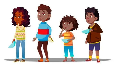 African Children Waiting In Line With Empty Plates For Social Dinner Vector Stock Illustration