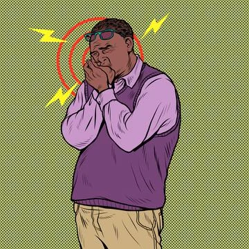 African elderly man toothache, aching pain in the teeth and jaw. Caries Stock Illustration