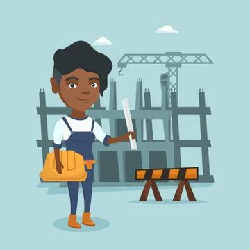 African engineer holding hard hat and blueprint. Stock Illustration