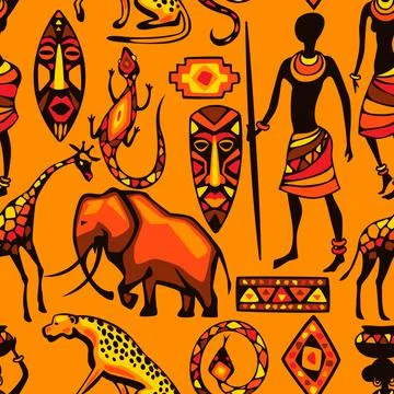 African ethnic seamless pattern. People, animals and masks. Illustrazione stock