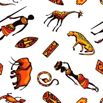 African ethnic seamless pattern. People, animals and masks. 스톡 일러스트