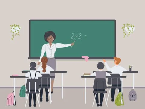 African female math teacher explaining multiplication to elementary school Stock Illustration
