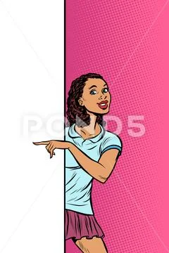 African girl student points to copy space poster advertising Stock Illustration