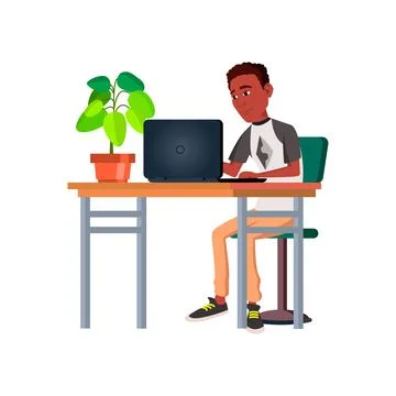 African guy student reading e-book on computer cartoon vector Illustrazione stock