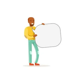 African man character with empty message board, speech bubble vector 스톡 일러스트
