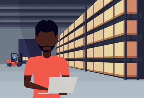 African man forklift loader working warehouse interior using laptop parcel box Stock Illustration