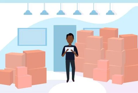 African man loader using tablet application parcel box warehouse interior Stock Illustration