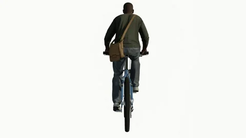African man riding a bicycle from the back angle on a white screen Video stock 246730405