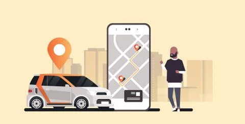 African man using mobile app ordering automobile vehicle with location mark rent Illustrazione stock