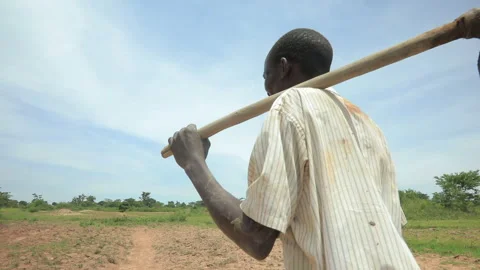 African man walking in a dry field with a hoe on his shoulder Stock Footage 265709676