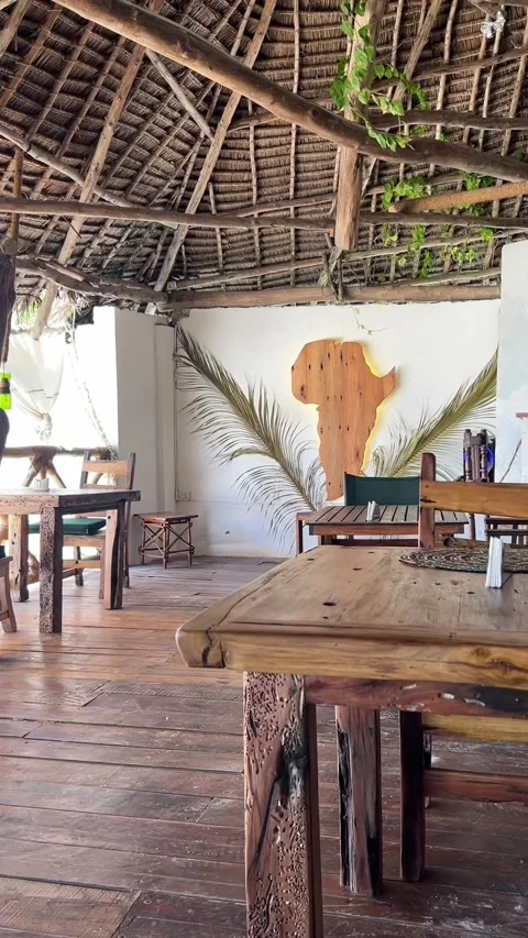 African map wall decor rustic wooden resort interior Matemwe Zanzibar HD 스톡 동영상 342148232