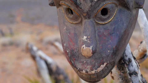African Mask Primitive Locked Down Close Up Stock Footage 34932421