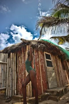 African Model in front of rustic bamboo with brilliant sky Stock Photos