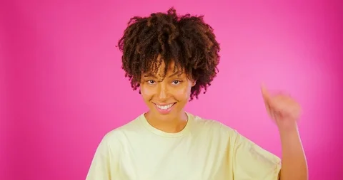 African model show Thumbs Up And lough. Pink background, isolated, funny, cute Video stock 103168409