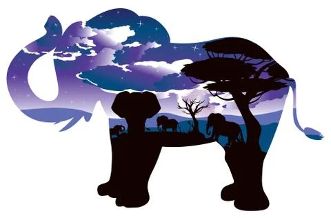 African Night with Elephant 스톡 일러스트